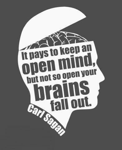 A head with an exposed brain and an apochryphic quote by Carl Sagan: "It pays to keep an open mind. But not so open your brains fall out".
